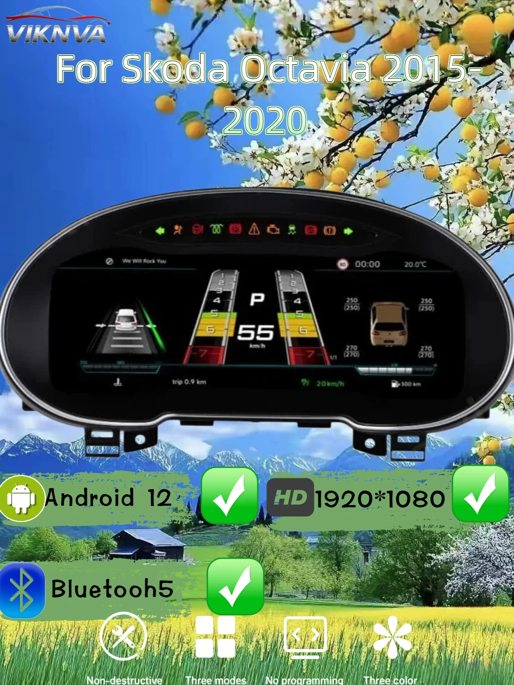 Android LCD Speedometer Digital Cluster, Car Virtual Cockpit Dashboard Panel for Skoda Octavia 2015-2020, Auto Instrument Board