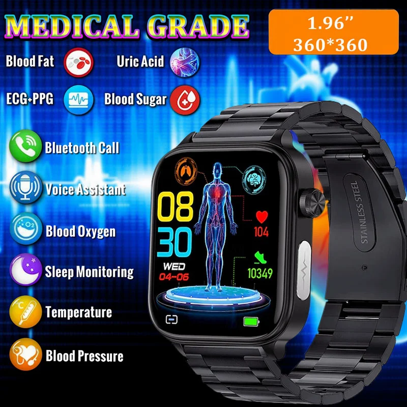 2024 New Medical Grade Smart Watch Men for Android Xiaomi Ios Watches Blood Glucose Oxygen Lipid Health Calls Smartwatch Ledies