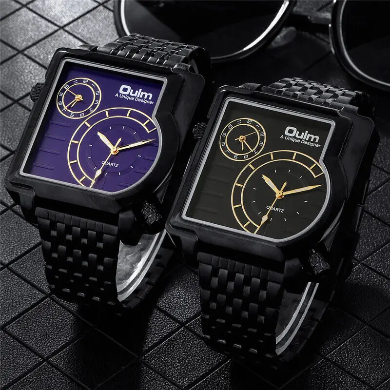 Dual Time Zone Casual Mens Watch Oulm Military Army Quartz Analog Wristwatch Full Steel Band