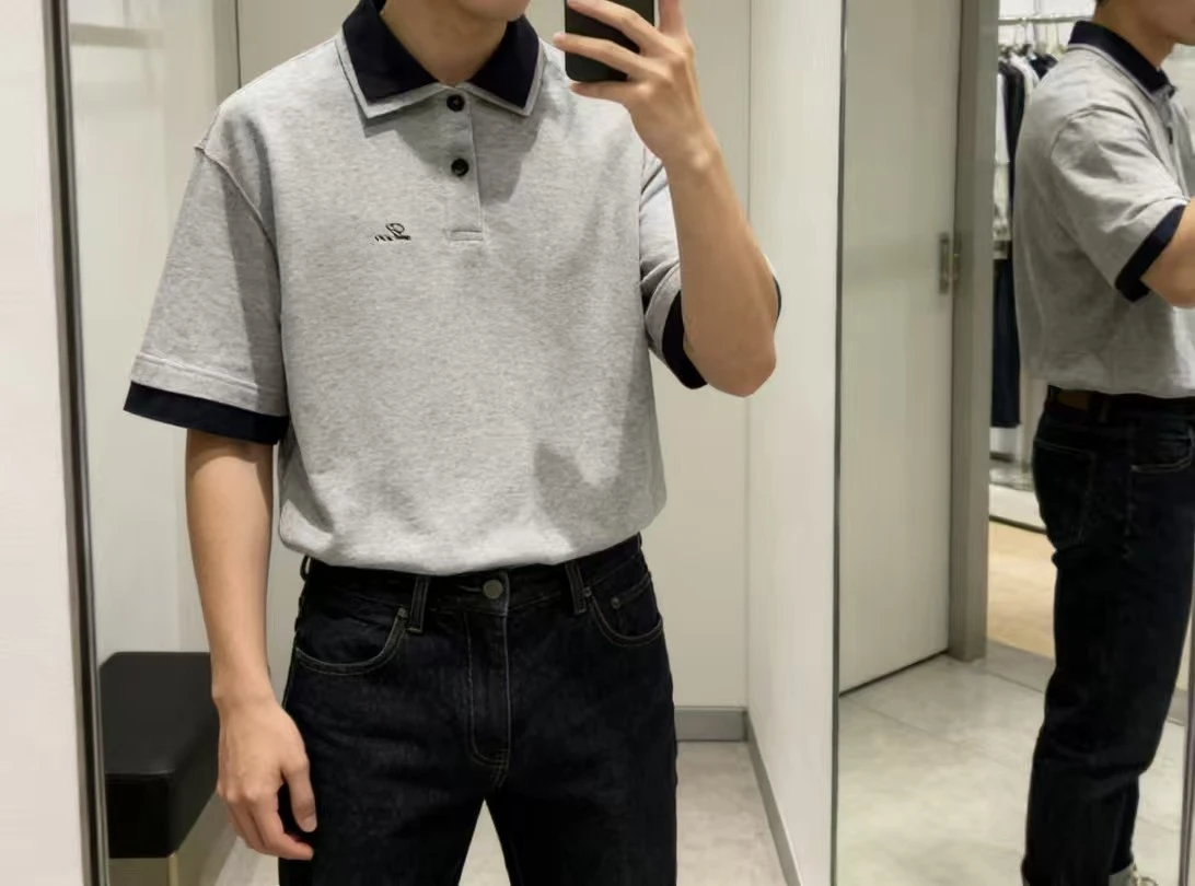 

Мужская летняя дышащая хлопковая футболка с отложным воротником и коротким рукавом, вязаный воротник контрастного цвета, свободный крой, итальянский стиль