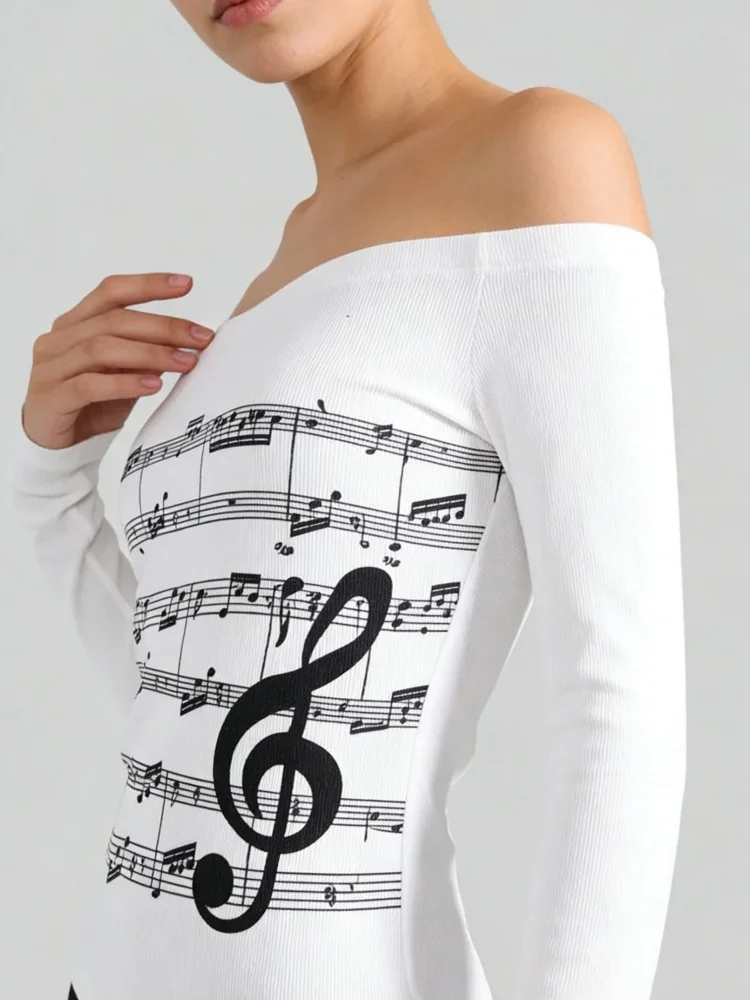 

Women's Trendy Y2K Off Shoulder Long Sleeve Music Note Print Casual Fashion Top