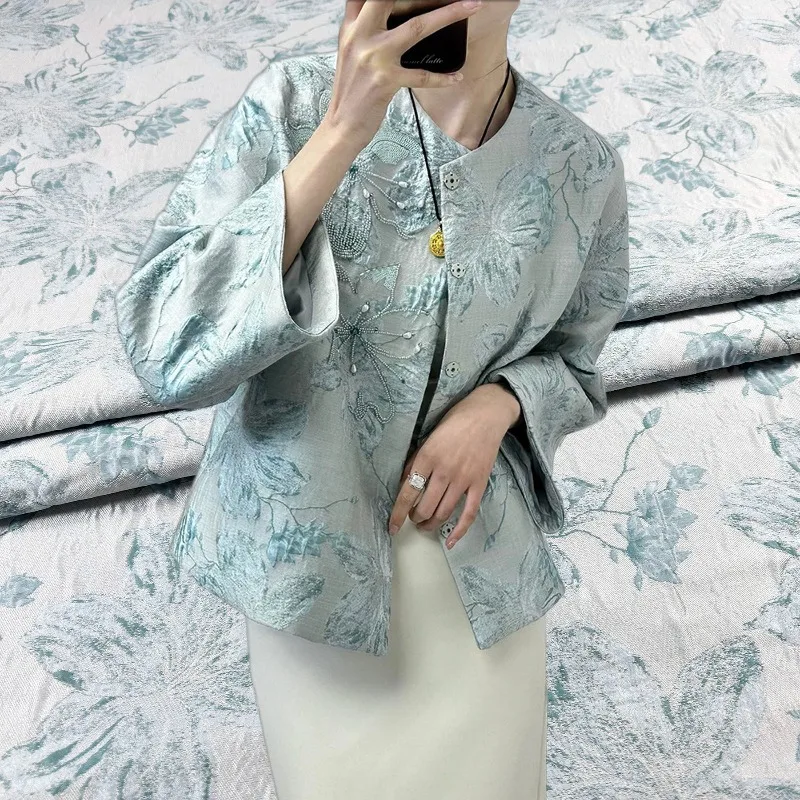 

Oil Painting Style Lotus Flower Jacquard Vest Fabric Autumn Winter Thick Windbreaker Set Dark Patterned Clothing Cloth By Meter