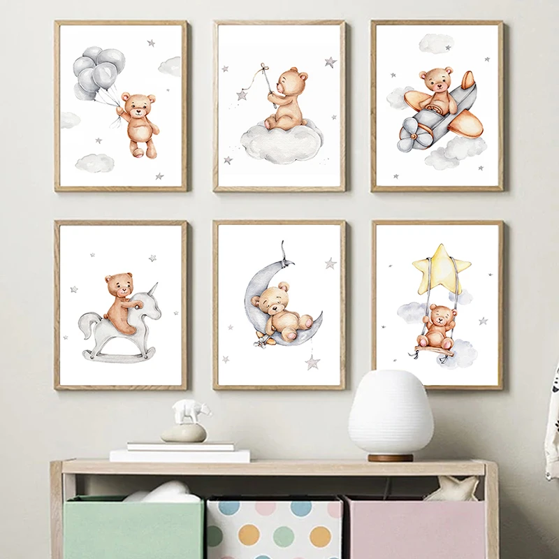 Watercolor Cute Teddy Bear and Rabbit Nursery Wall Art Posters and Prints Canvas Paintings Mural Pictures for Baby and Kids Room