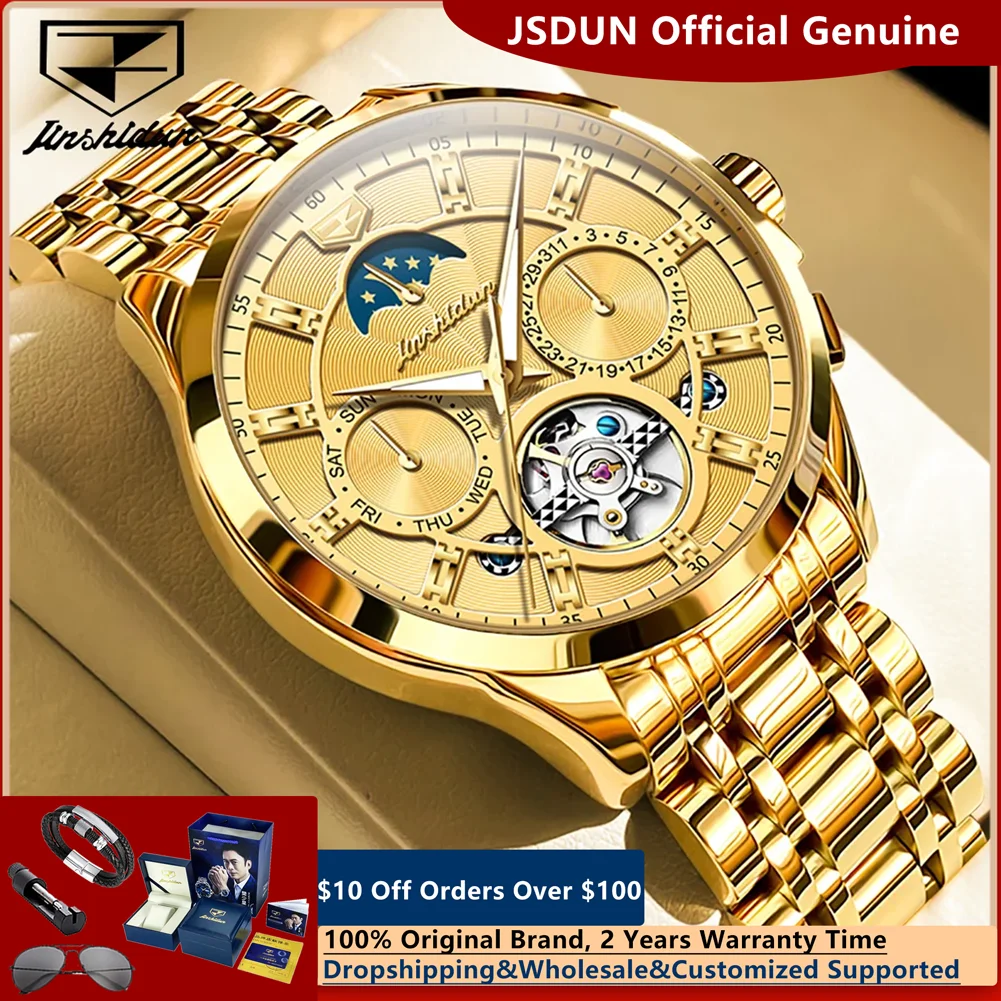 

JSDUN 8945, оригинальные полые автоматические мужские часы из нержавеющей стали, фаза Луны, календарь недели, деловые механические наручные часы для мужчин
