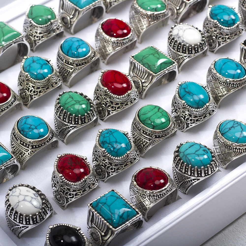الجملة 30 قطعة/الوحدة خمر بوهيميا الهندسة الفيروز حجر خاتم للرجال النساء الاصبع العتيقة الفضة اللون مجوهرات هدايا الحفلات