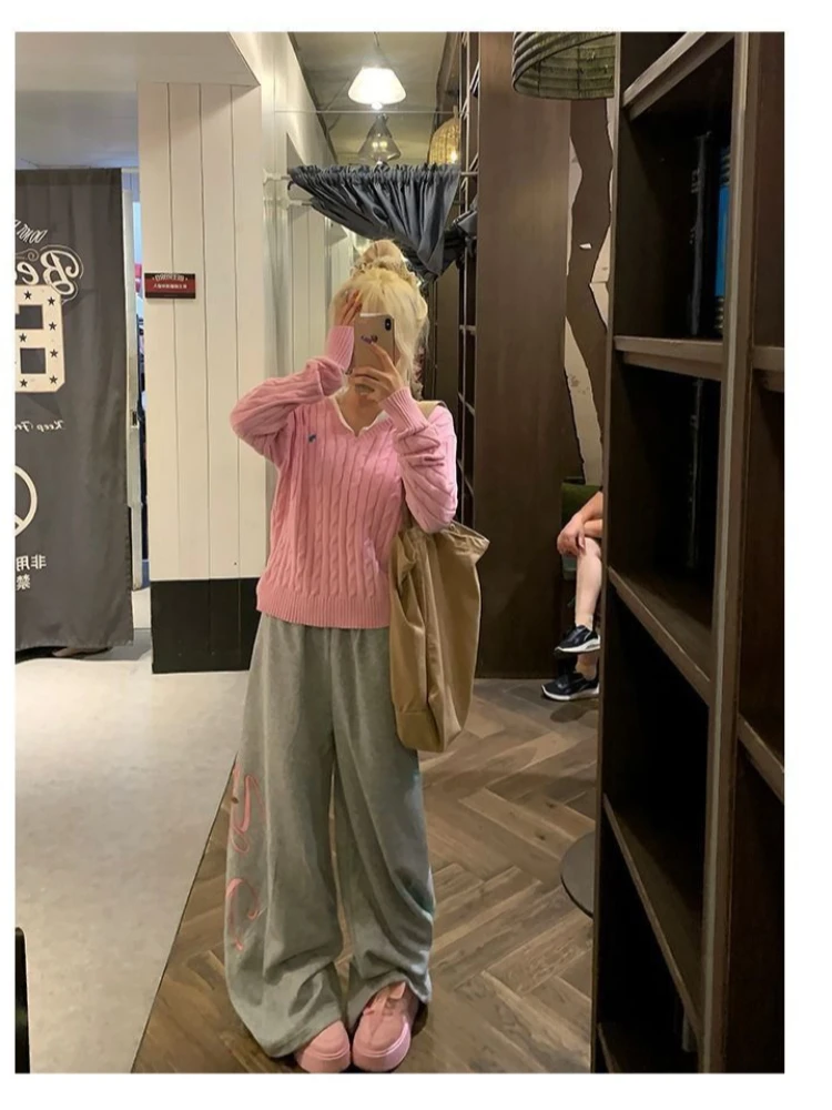 Pantaloni casual da ragazza piccante retrò americana con lettera stampata a gamba larga con coltello curvo autunno/inverno Y2K Pantaloni da strada per ragazza piccante Harajuku