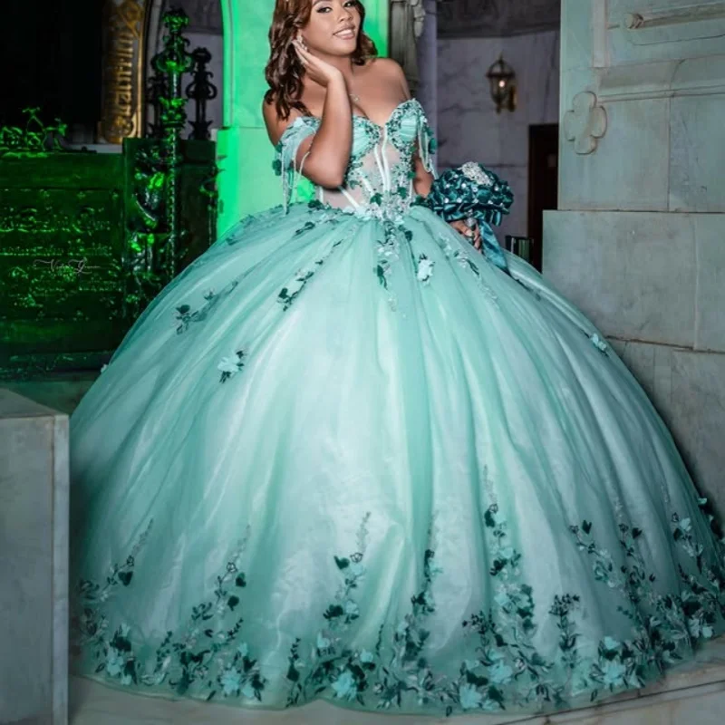 

Mint Green Quinceanera Dress glitter crystal Decal 3D flower Long tail Bow beading Vestidos De 15 Quinceanera ﻿Customize