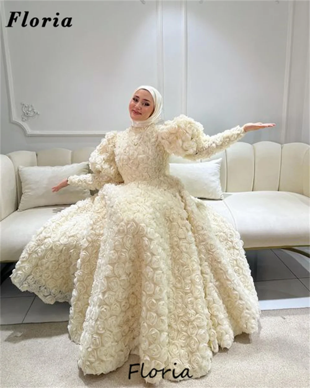 

Full Rose Flowers Evening Dresses Muslim A Line Long Sleeves Wedding Party Dress Luxury Celebrity Prom Dress Robes De Soiree