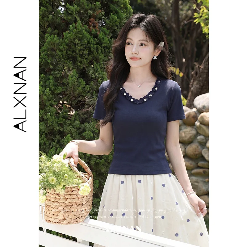 ALXNAN Blue Women's T-shirt 2026 Summer Short Sleeve V-neck Wavy Edge Floral Decorations Tees Ladies Clothing Slim-fit L67380A view 2