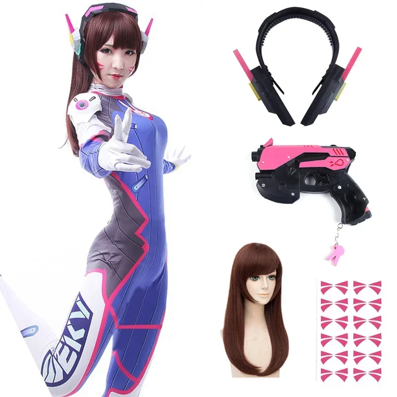 Anime woman jumpsuit tights DVA cosplay game costume Zentai wig cosplay props headphone suit D. va cos party Halloween costumes