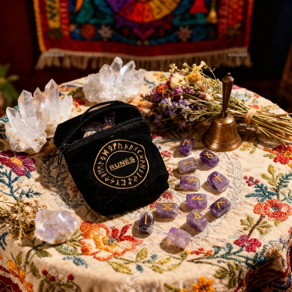 25-teiliges Amethyst-Runen-Wahrsagerei-Set, mit Samtbeutel, spirituelles Werkzeug für die Praxis der neuen Ära, Heidentum und Hexerei-Ritual