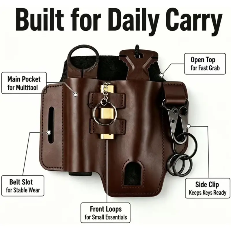 Dropship-For Belt Multitool Sheath-Pouch& Leather Case With Flashlight Holder, Pen Loop& Keychain Clip For Men view 5
