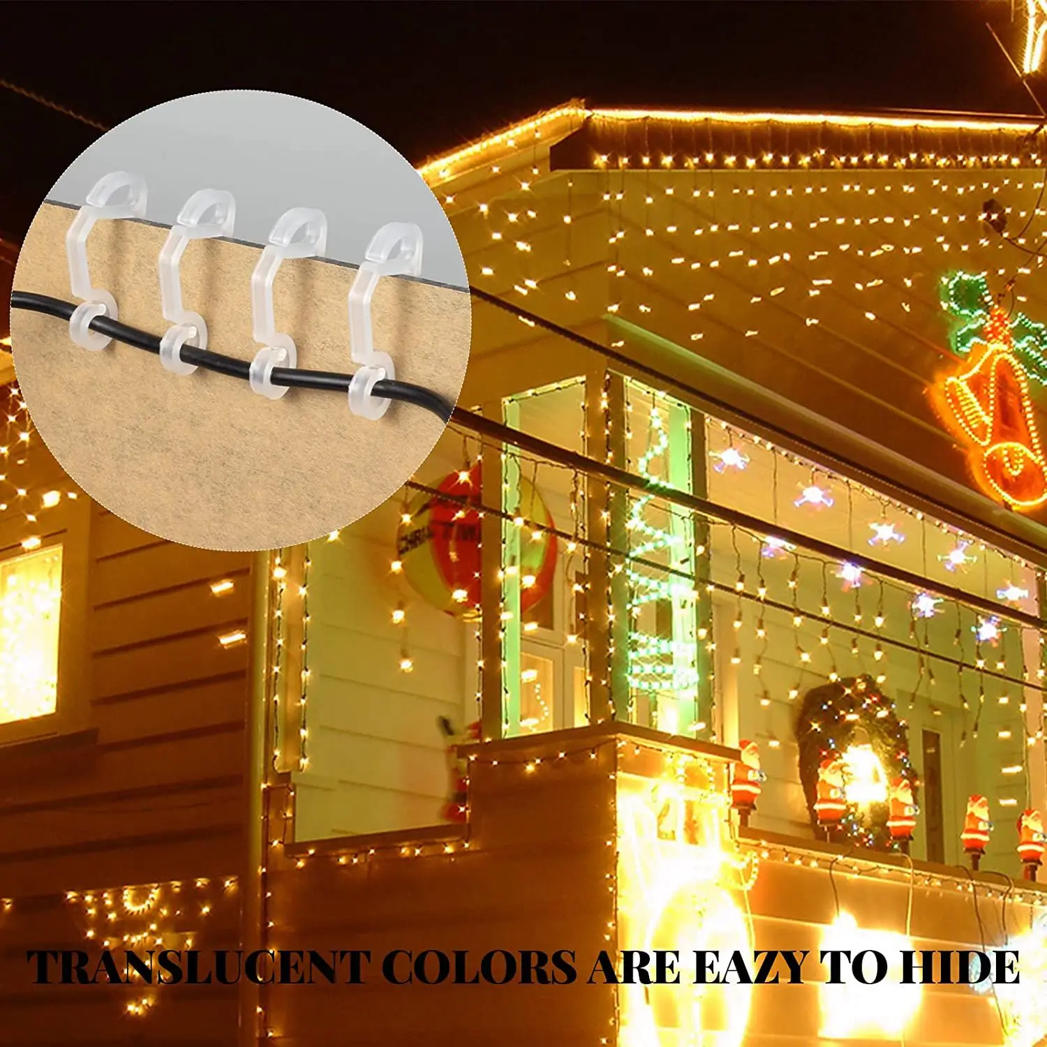 Paquete de 120 clips de luz navideña para exteriores, colgadores de luces navideñas resistentes a la intemperie, ganchos para canalones para vacaciones navideñas, color blanco
