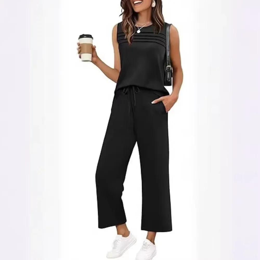 Women Casual Round Neck Sleeveless Top And Bottom 2 Piece Set Loose Fit Solid Color Soft Breathable Flattering Comfy Daily