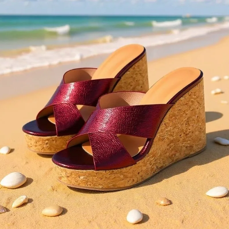 

Летние пляжные шлепанцы Aneikeh 2026 винно-красного цвета с перекрестными ремешками, на танкетке, с толстой подошвой, под дерево, модные, водонепроницаемые, на платформе