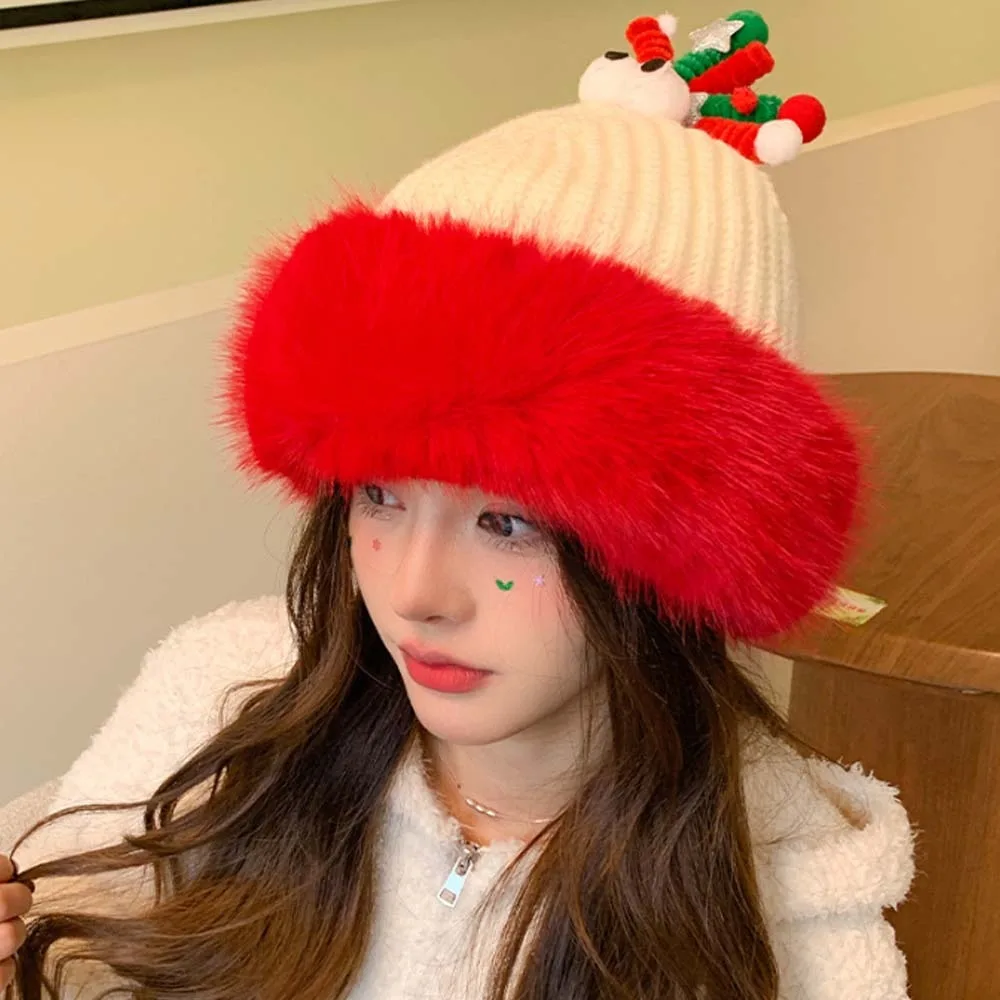 Versatile Soft Christmas Plush Cap Windproof Antlers Red Knitted Woolen Hat Green Big Eyes Thickened Brimless Cap Autumn