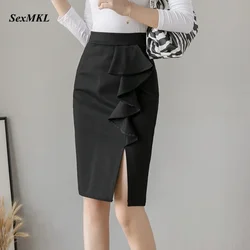 Oversized Black Office Skirts 2025 Fashion Elegant High Waist Red Pencil Skirt Women Clothes Ruffles Winter Sexy Korean Skirt