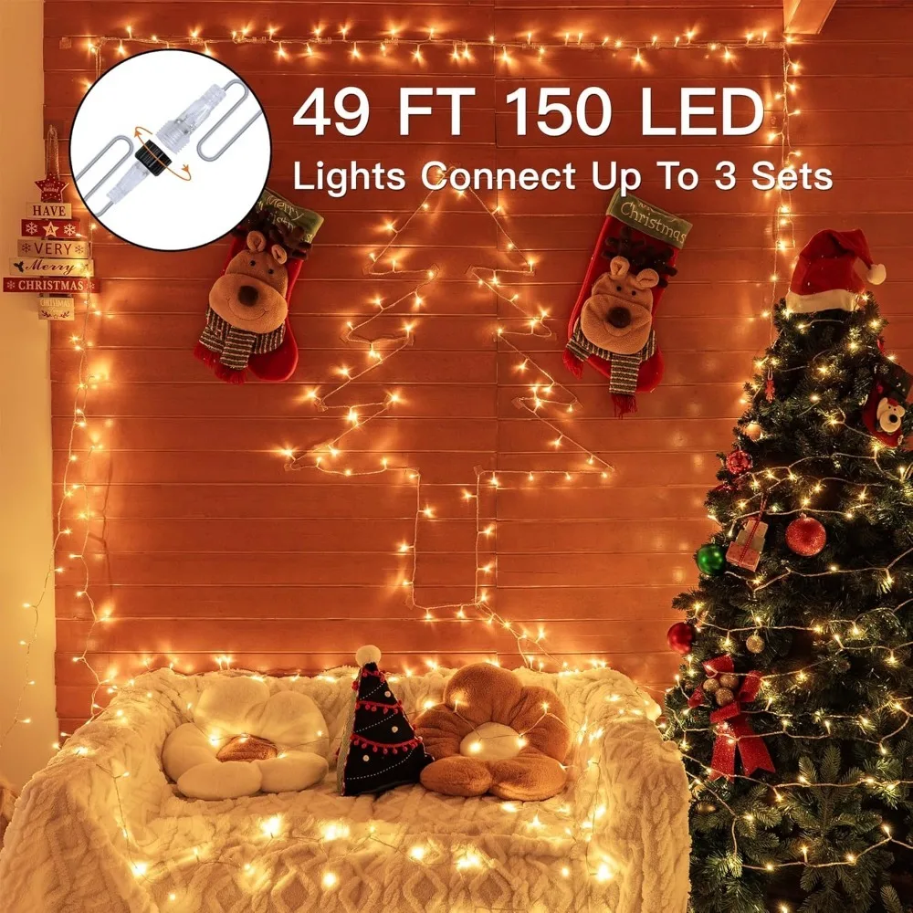 Connectable Warm White String Lights Indoor Bedroom, 8 Modes Christmas String Light Plug in Classroom Lights, 49ft 150 LED Fairy