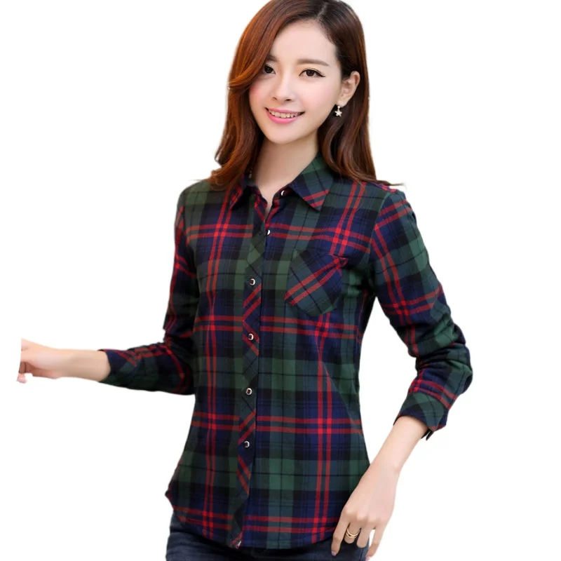 Cotton casual plaid shirt Women's long-sleeved 2023 Spring and Autumn New multiple color styles