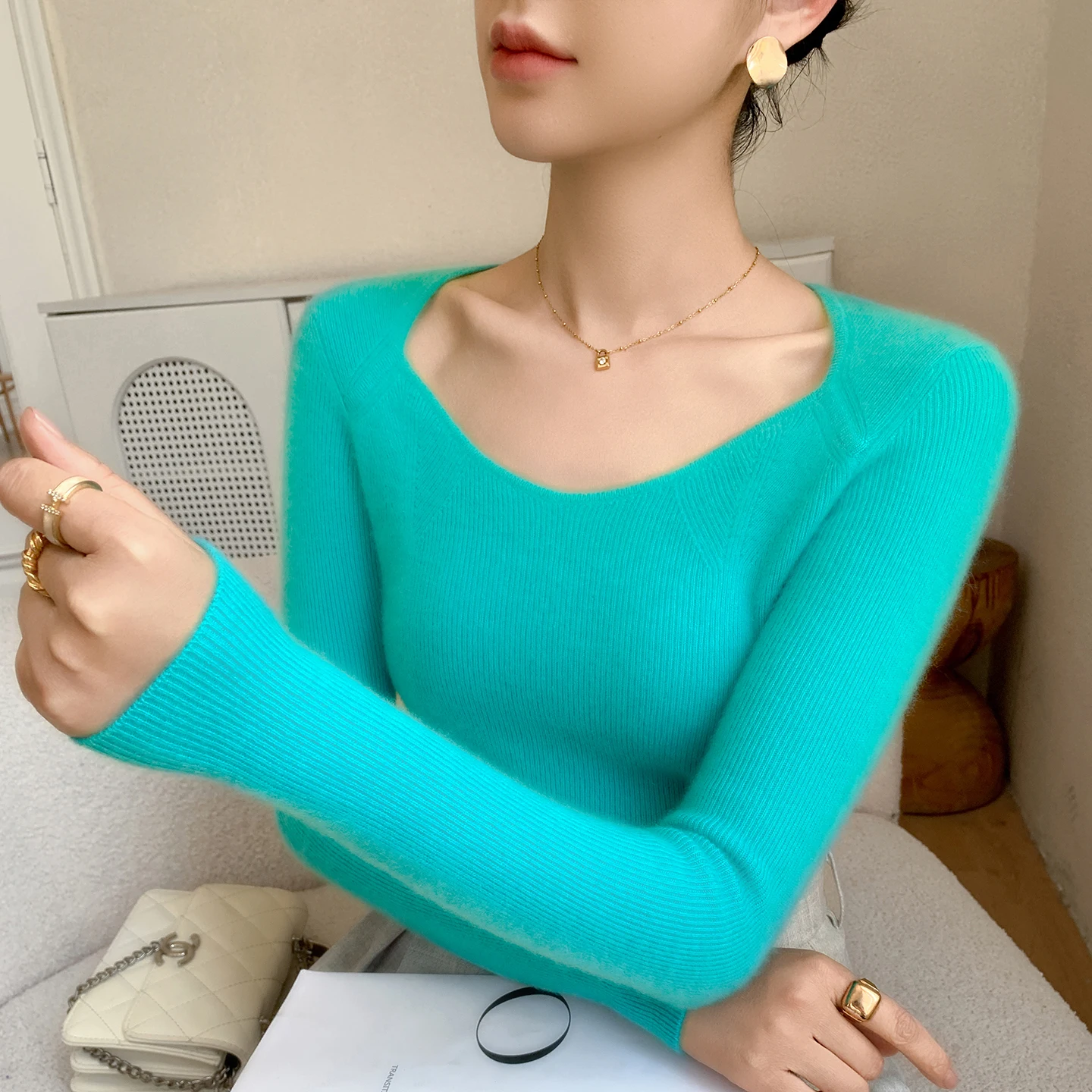 Autumn/Winter New Women's 100% Pure Cashmere Pullover Casual Solid Knitted Sweater Slim fit Drawstring V-neck Tops Warm Jumper