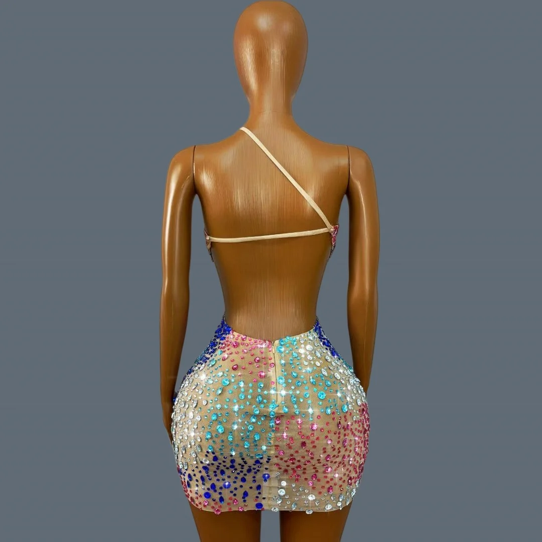 Asymmetrical Single Strap Nude Mesh Mini Dress Gradient Multicolor Rhinestone Waist Hollow Bodycon Stage Club Outfit Pintupian
