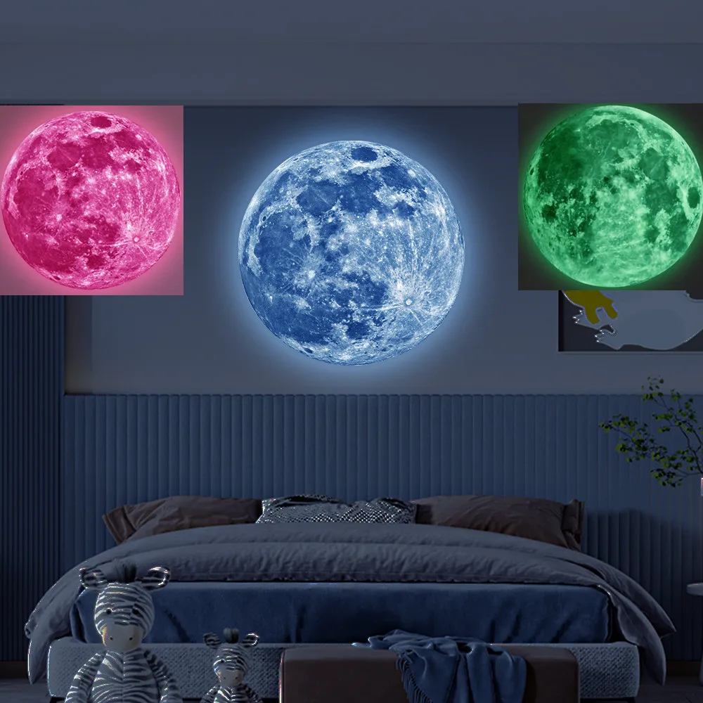 40cm 50cm 3D Luminous Moon Wall Sticker Glow In The Dark Fluorescent Sticker PVC Home Kids Room Decals Wall Decor Wallpaper