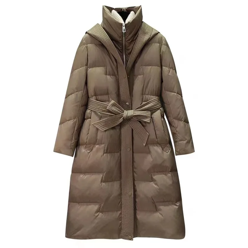 ロングホワイトダックダウンコート女性膝丈冬のファッションスリムウエスト暖かいダウンジャケット女性двусторонняя куртка JK-155