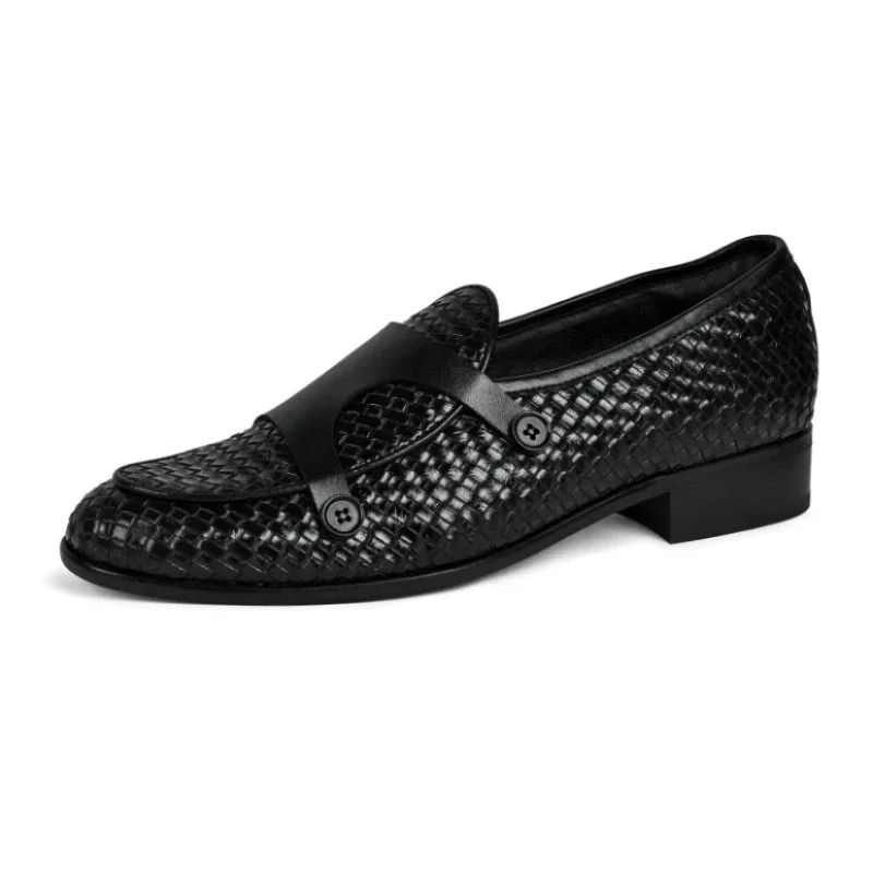 New Black Double Buckle Monk Shoes for Men Brown Slip-On Solid Round Toe Loafers Handmade Dress Shoes