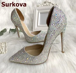 Surkova Multi-Crystal Bling Bling 12cm High Heel Wedding Shoes Silver Red Full Rhinestone Pointed Toe Shallow Banquet Pumps US13