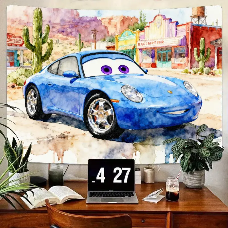 

1 шт. дружелюбный синий спортивный автомобильный гобелен с фиолетовыми глазами, акварельный город в пустыне, настенное искусство, забавный детский декор для спальни, гостиной, подарок
