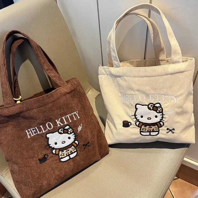 

Kawaii Hello Kitty Handbag Cute Cartoon Large Capacity Versatile Corduroy Small Bag Women Products Student Gift Wholesale
