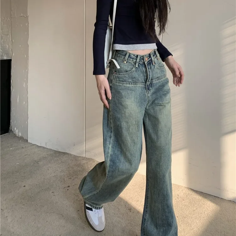 Pantalones vaqueros de pierna recta Retro americanos para mujer, pantalones largos de cintura alta a la moda, holgados, hasta el suelo, color azul