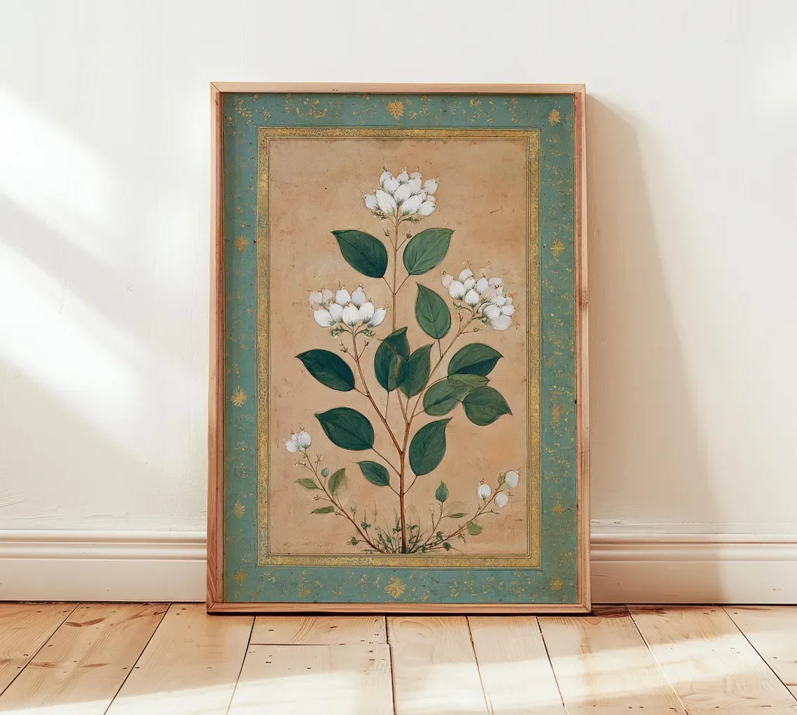 Mughal Botanical Wall Art Print, White  Flower Poster, Vintage Indian Floral Painting, Traditional Heritage Decor