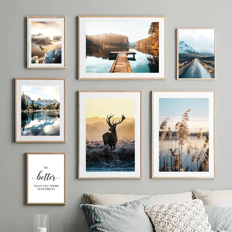 

Modern Nature Landscape Poster Mountain Reeds Deer Lake Decorative Paintings Canvas Wall Art Fall Photos Living Room Home Decor