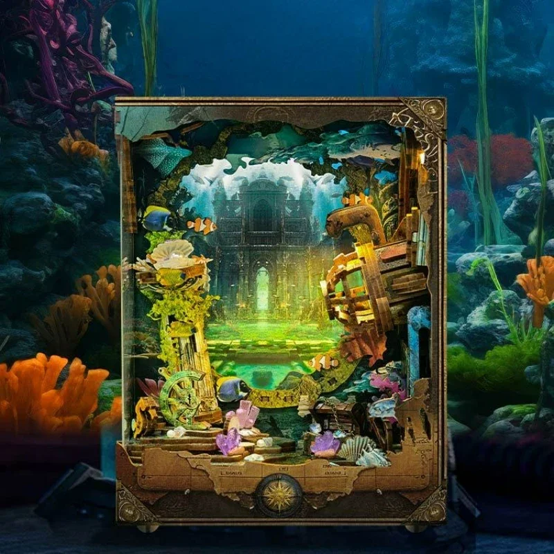 

Underwater World Bookend DIY Wooden Book Nook Shelf Insert Kit Miniature Model Kits Light Bookshelf for Friends Birthday Gifts
