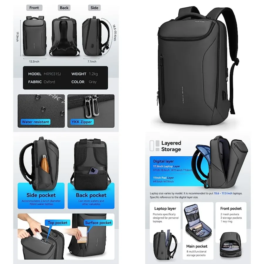 

Backpack for Men Waterproof and Travel Laptop Backpack with USB Charging, Fits 17 Inch Laptop and Tech Gear