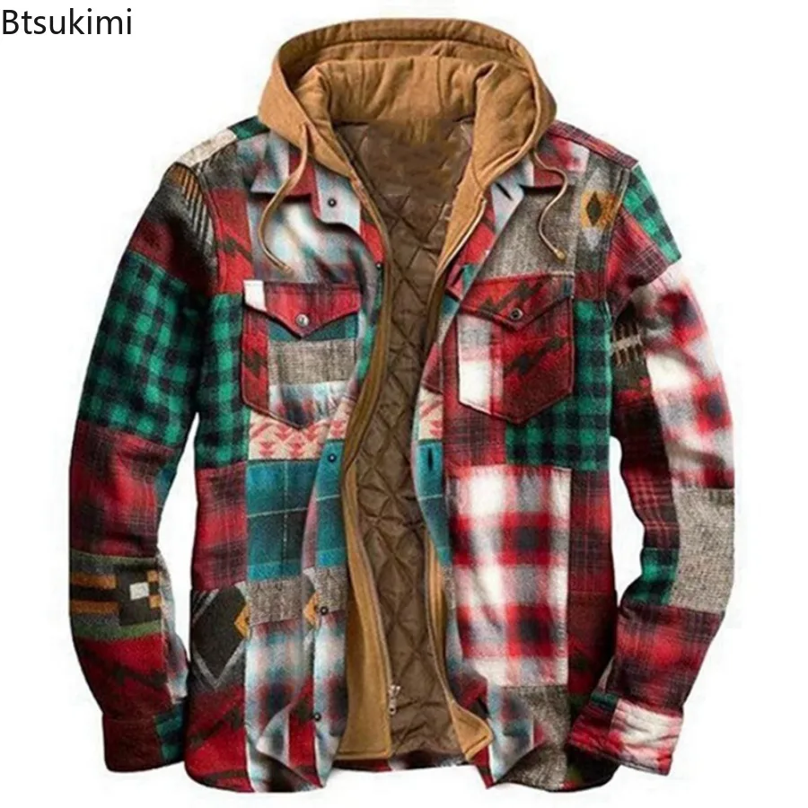 New 2025 Men's Thick Warm Jacket Parkas  Winter Harajuku Plaid Hooded Zipper Long Sleeve Basic Casual Jackets Coat  Male Jackets