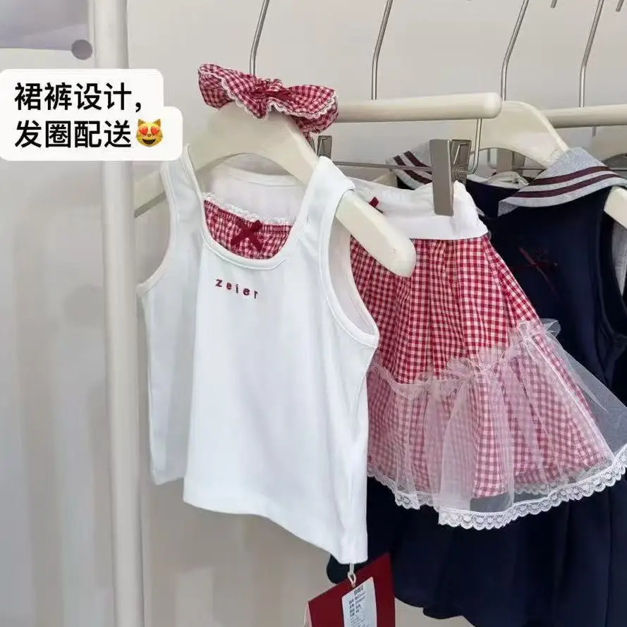 

Fashion Kids Children Birthday Casual Clothes 2025 Baby Girls Summer Clothing Set Cotton 2pc Suits Tops Shirts+plaid Mesh Skirts
