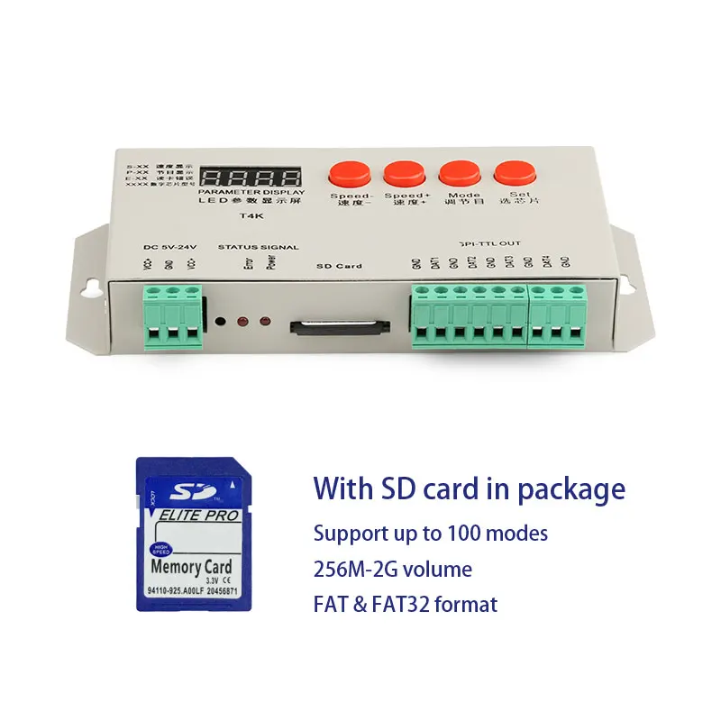 Controller di luce pixel LED programmabile con scheda SD con uscita TTL reale 4CH T4K, supporta IC a filo interamente singolo come 1903, 1814, 2812