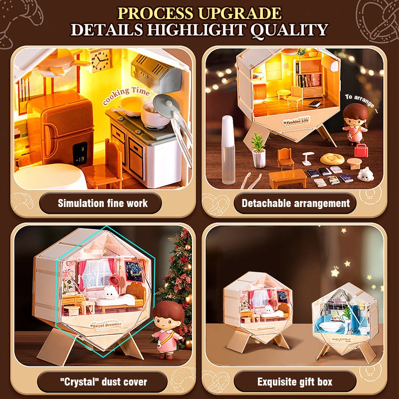 كارتون صغير خلق المنزل التظاهر اللعب بيت الدمية نموذج مجموعة DIY منزل صغير ليلة ضوء البناء لعب للأطفال هدية عيد ميلاد