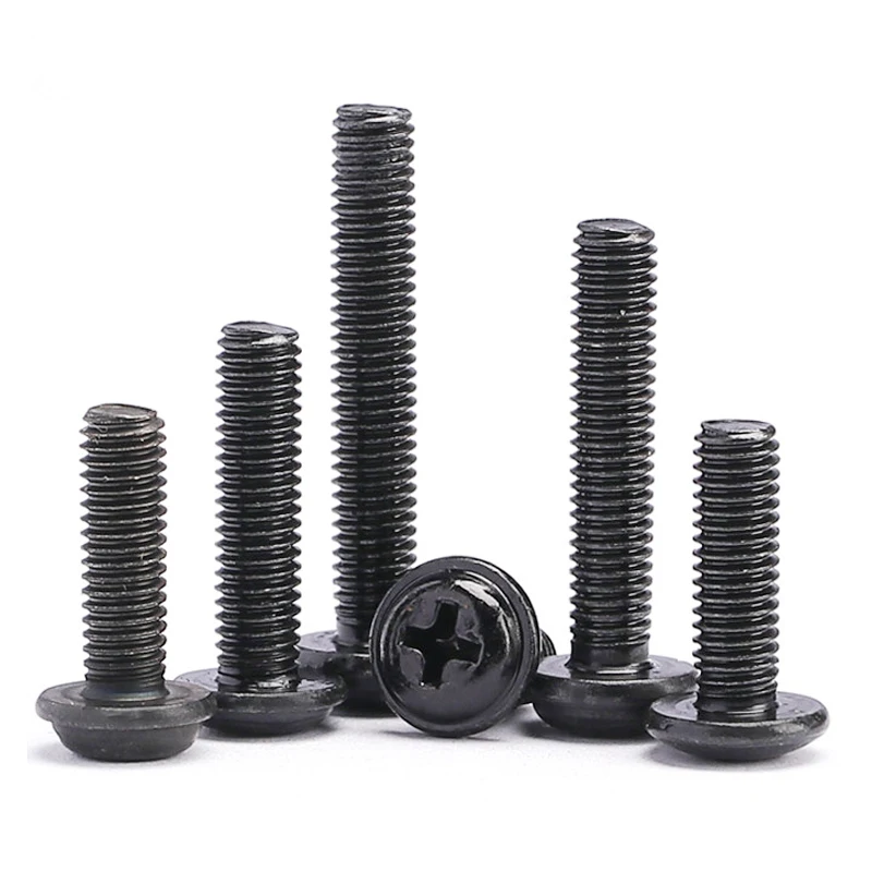 100pcs/lot PWM Black Pan Head Screws with Washer Fixed Motherboard Screws With Pad DIN967 M1.4 M2 M2.5 M3 M 3.5 M4 M5 M6