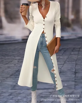 2023 nova moda feminina botão longo pit listrado casaco fino vestido aberto