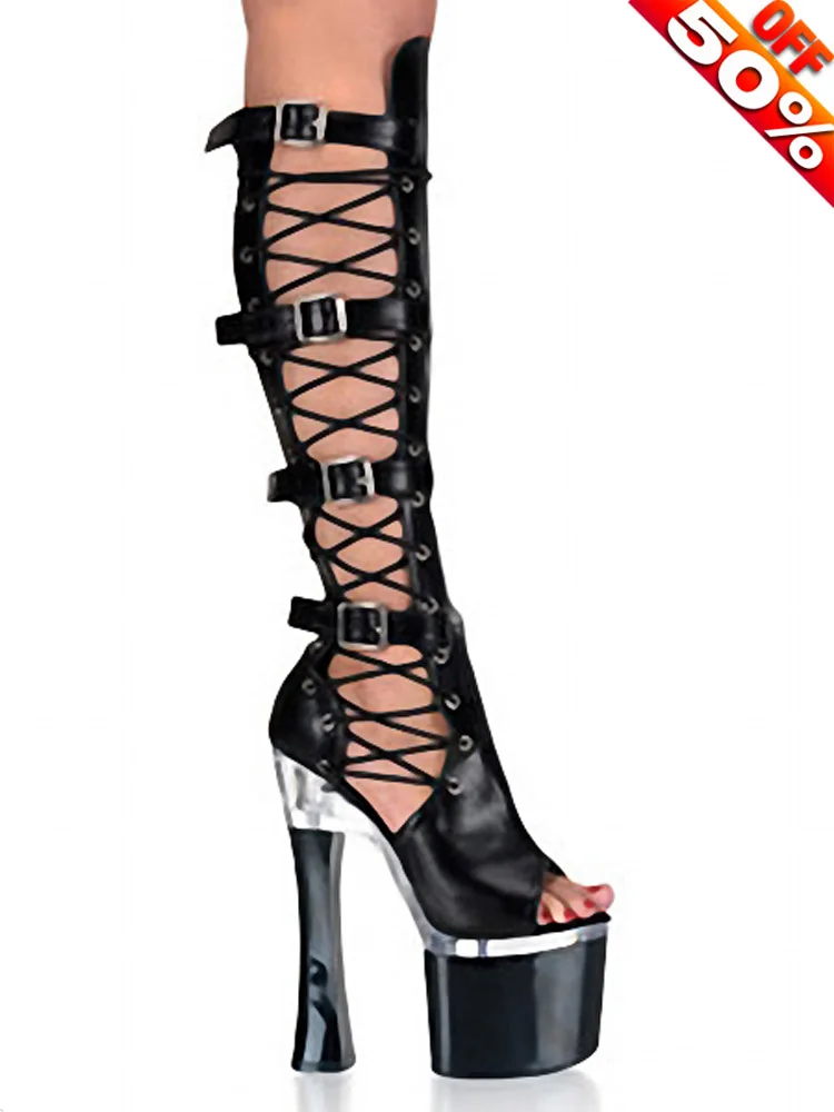 Gothic Platform Heels for Women 19cm Knee High Boot Strappy High Heel Belt Buckle Peep Toe 8-Inch Stiletto Shoes
