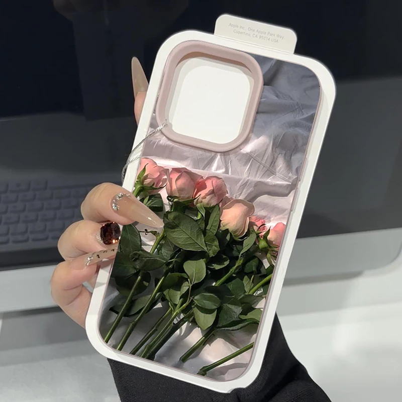 Pink Rose Flowers Phone Case For iPhone 17 Air 16 15 14 Pro Max 13 12 Pro 11 16e Shockproof Silicone Leather Texture TPU Cover - view 2