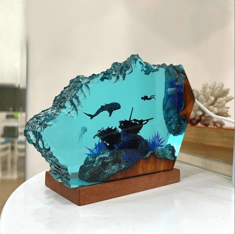 

9X 6 Inches Creative Shark Diver Resin Lamp Decoration for Home Water World Living Room Table Top Artwork Unique Gift