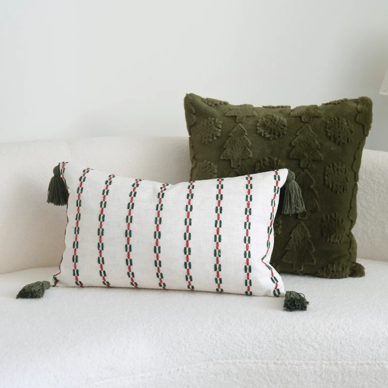 

Christmas Red Green Striped Fringe Throw Pillow Cover Green Plush Christmas Tree Cushion Cover Holiday Home Decor Gift for Xmas