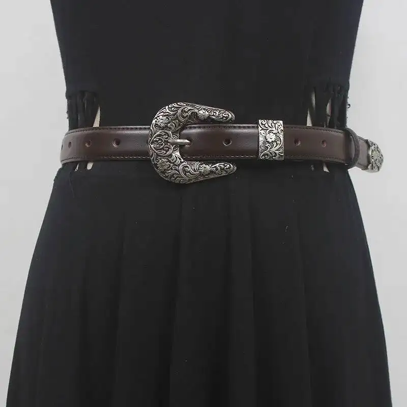Buckle Brown Vintage Long Wide Pu Leather Belt Personality Women New Fashion All-match Spring Autumn 2026 AHAZ