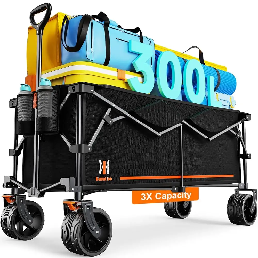 

300L Collapsible Wagon Cart Foldable Extra Large, 48''L Folding Extended Beach Wagon With 440Lbs Weight Acity And Big