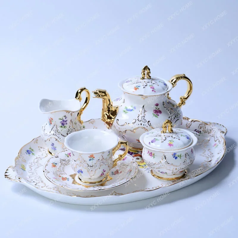 Gilding Bone China Coffee Cup and Saucer Big Pot Sucrier Milk Pot Tray Palace Relief M Mori Tea Set Coffee Set