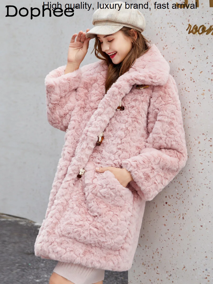 

Winter New 2023 Thick Warm Snow Wear Faux Fur Women Stand Collar Cute Furry Jacket Mid-Length Pink Lambswool Sheepskin Coat